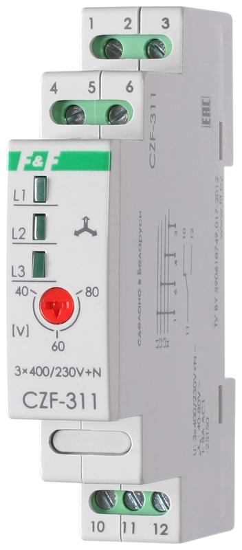 реле контроля и наличия фаз czf-311 (3х400/230+n 8а 1р ip20 регул. порога откл.) f&f ea04.001.006 от BTSprom.by