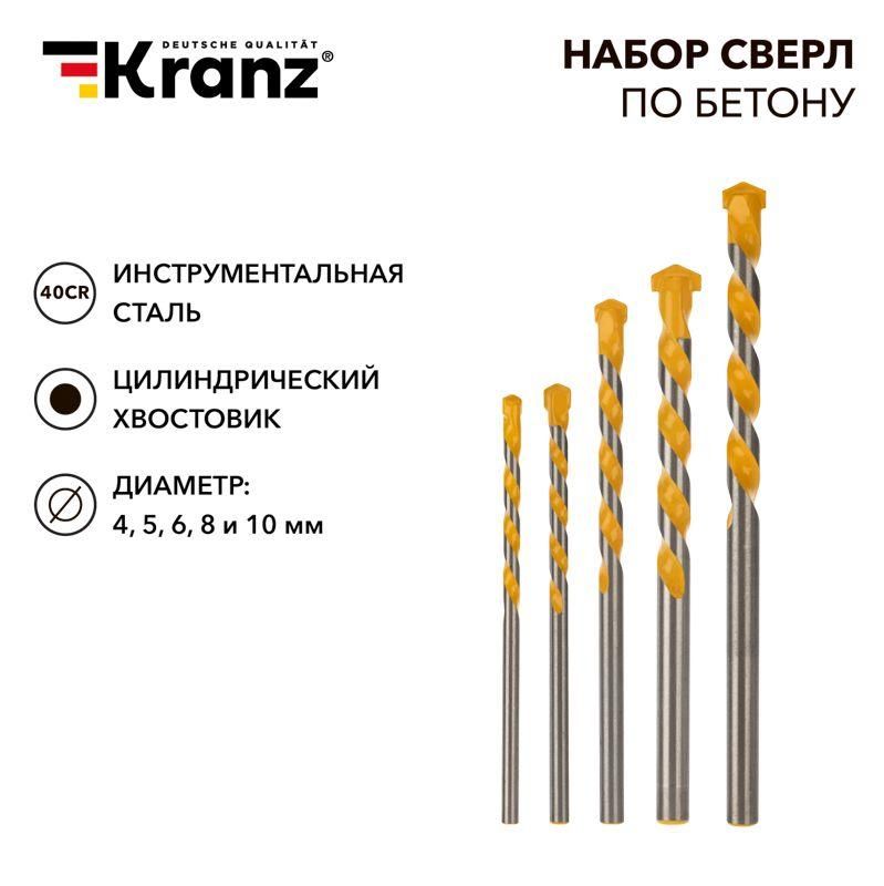 набор сверл по бетону 4-5-6-8-10мм пластик. кейс kranz kr-91-0411 от BTSprom.by