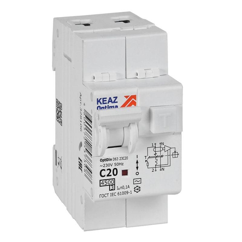 выключатель автоматический дифференциального тока 2п с защитой от сверхтоков optidin d63-23c20-ac-у3 c20 100ма 4.5ка кэаз 328106 от BTSprom.by