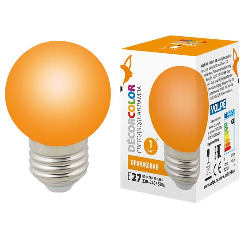 лампа светодиодная led-g45-1w/orange/e27/fr/с 1вт шар матовая оранж. e27 декоративная (упак. картон) volpe ul-00005650 от BTSprom.by