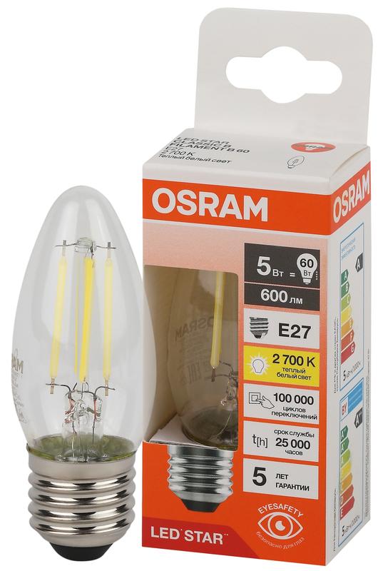 лампа светодиодная филаментная lsclb60 5w/827 230vfilcl 5вт 2700к тепл. бел. e27 600лм b угол пучка 300град. 220-240в (замена 60вт) прозр. стекло osram 4058075684874 от BTSprom.by