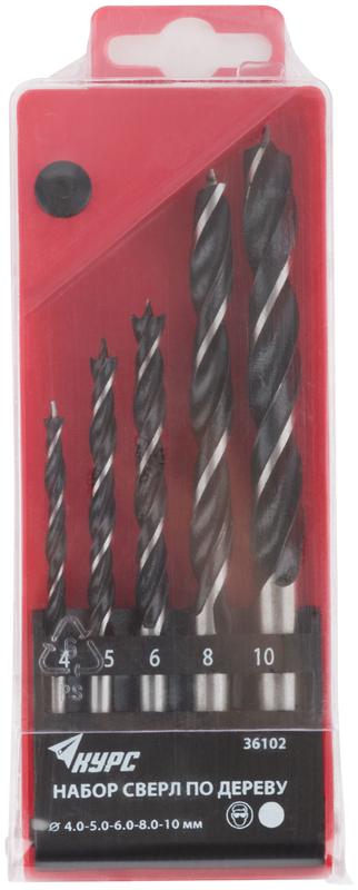  Набор сверл по дереву 4; 5; 6; 8; 10мм пластик. бокс (5 предметов) КУРС 36102 фото в каталоге от BTSprom.by