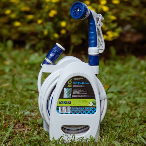  Катушка компактная с ручкой для переноса и хранения шланга + шланг 9.5мм (3/8)х10м с пистолетом-распылителем 7 реж. пластик. коннекторами (1/6) Green Apple Б0003110 фото в каталоге от BTSprom.by