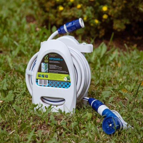  Катушка компактная с ручкой для переноса и хранения шланга + шланг 9.5мм (3/8)х10м с пистолетом-распылителем 7 реж. пластик. коннекторами (1/6) Green Apple Б0003110 фото в каталоге от BTSprom.by
