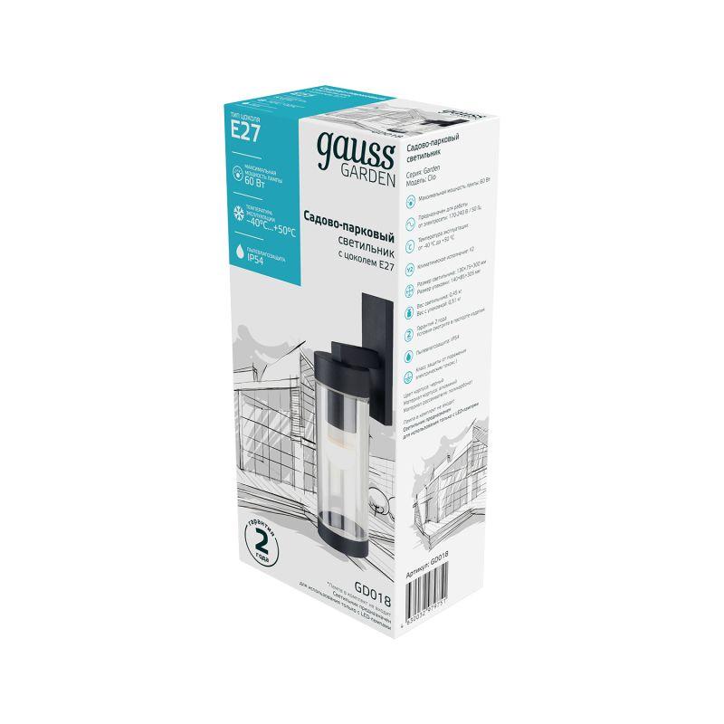  Светильник Clio 1х60Вт E27 IP54 76х133х298мм НТУ садово-парковый на стену вниз GAUSS GD018 фото в каталоге от BTSprom.by