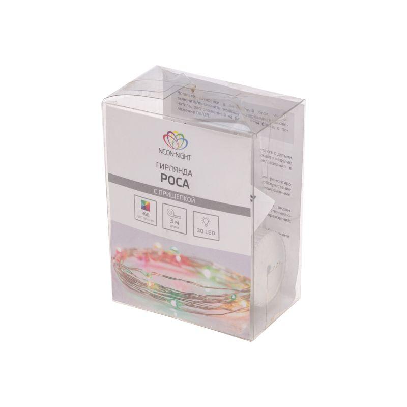  Гирлянда светодиодная "Роса" 3м 30LED мультиколор 0.1Вт IP20 с прищепкой элементы питания 2хCR2032 (в компл.) Neon-Night 302-019 фото в каталоге от BTSprom.by