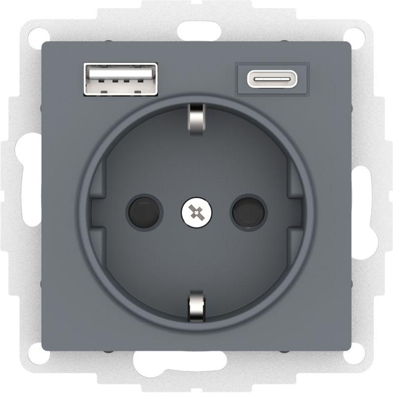 розетка atlasdesign 16а с 2-мя заряд. устройствами usb тип a+c 5в/2.4а 2х5в/1.2а механизм грифель se atn000732 от BTSprom.by