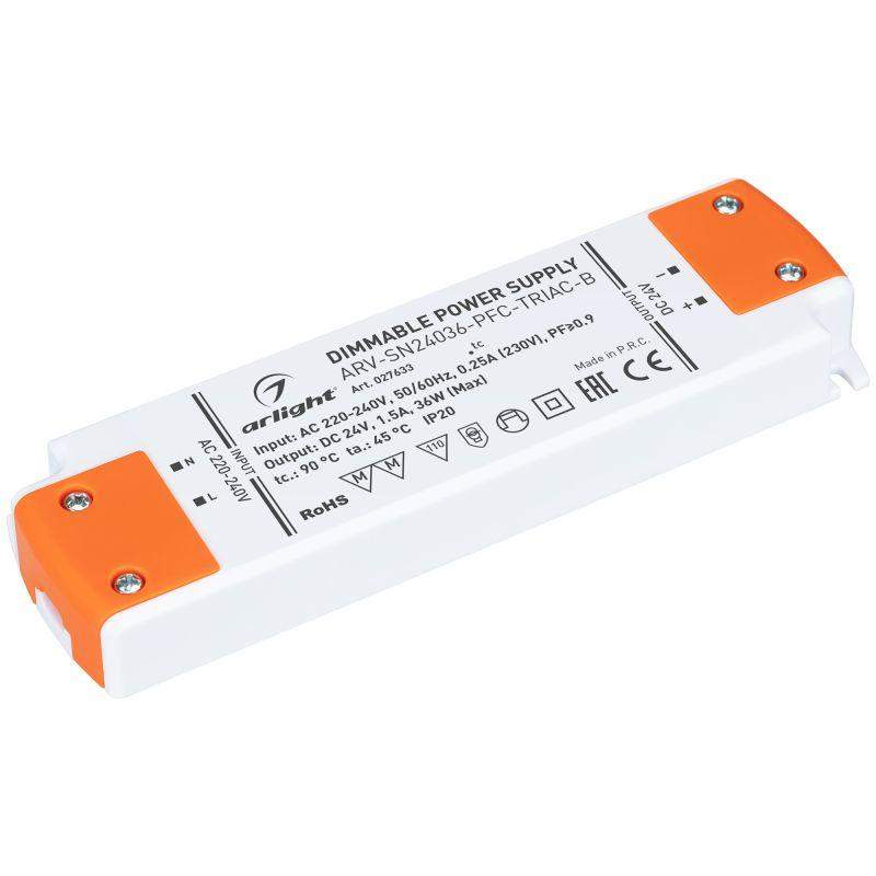 блок питания arv-sn24036-pfc-triac-b 24в 1.5а 36вт ip20 пластик 3 года arlight 027633 от BTSprom.by