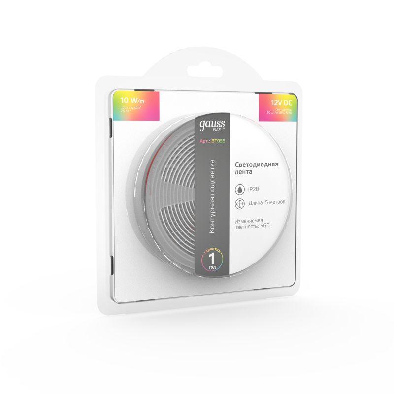  Лента светодиодная Basic 5050/60-SMD 10Вт/м RGB IP20 700лм/м 12В 10мм (уп.5м) GAUSS BT055 фото в каталоге от BTSprom.by