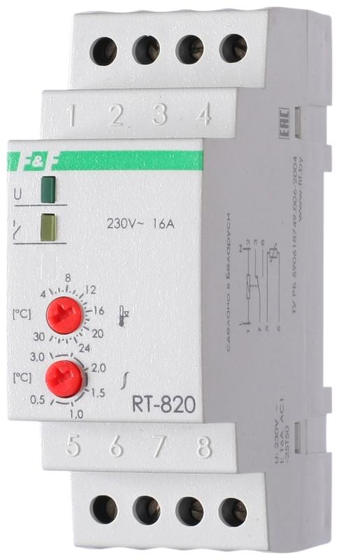 регулятор температуры rt-820 (от +4 до +30 град.c; с выносным датчиком в комплекте; 2 модуля; монтаж на din-рейке; 50-264в ac 16а 1no/nc ip20) f&f ea07.001.001 от BTSprom.by