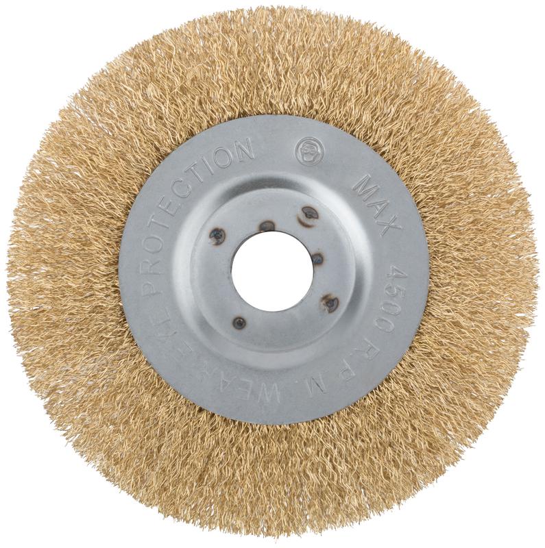  Корщетка-колесо посадочный диаметр 22.2мм стальная латунированная волнистая проволока 150мм FIT 39066 фото в каталоге от BTSprom.by