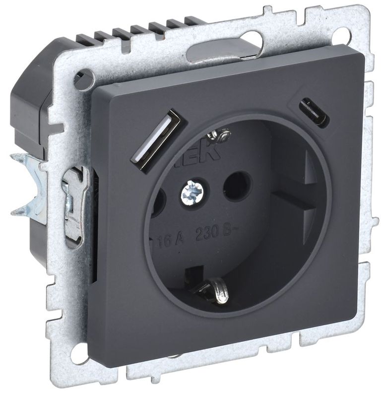 розетка brite рюш11-1-брг 16а с usb a+c 18вт с заземл. защ. шторки механизм графит iek br-r14-16-u22-018-k53 от BTSprom.by