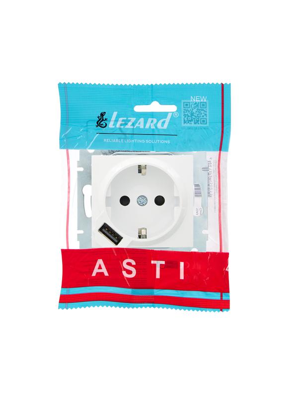  Розетка 1-м СП ASTI 16А IP20 с заземл. с заряд. устройством USB механизм бел. LEZARD 7081-0288-181 фото в каталоге от BTSprom.by