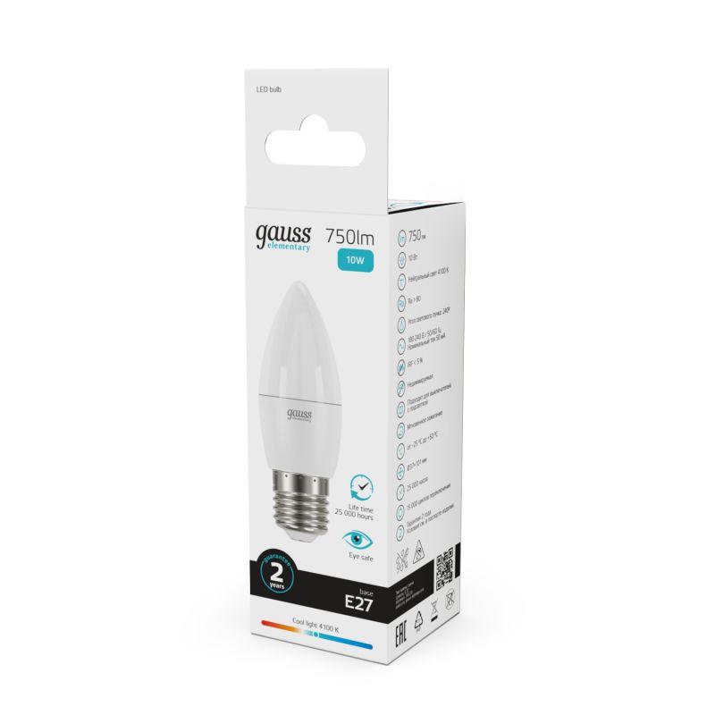 Лампа светодиодная Elementary 10Вт свеча 4100К нейтр. бел. E27 750лм GAUSS 30220 фото в каталоге от BTSprom.by