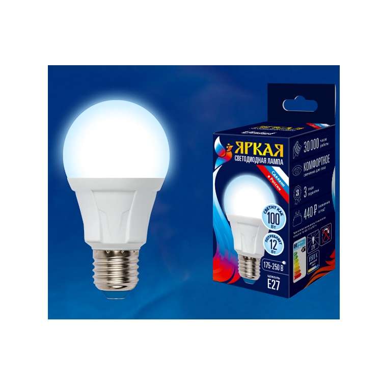 лампа светодиодная led-a60 12w/dw/e27/fr plp01wh яркая 12вт грушевидная матовая 6500к холод. бел. e27 (упак. картон) uniel ul-00002005 от BTSprom.by