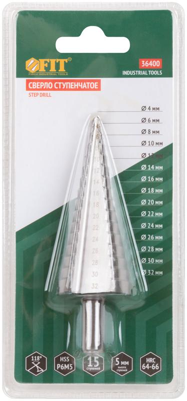  Сверло ступенчатое HSS (Р6М5) по металлу 15 ступеней 4-32мм FIT 36400 фото в каталоге от BTSprom.by