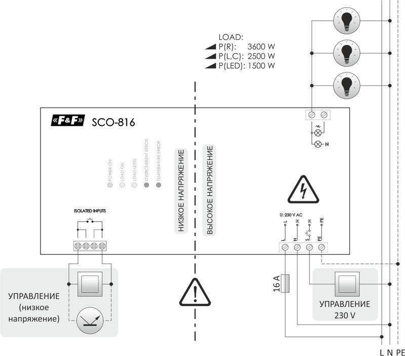 регулятор освещенности sco-816 (для всех типов ламп мощность до 3500вт; 8-230в ac/dc; монтаж на din-рейке 230в ip20) f&f ea01.006.011 от BTSprom.by
