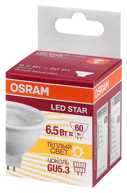 лампа светодиодная led star mr16 60110 6.5w/830 230v gu5.3 500лм 6.5вт (замена 35вт) 3000к тепл. бел. gu5.3 mr16 220-240в прозр. пласт. osram 4058075481220 от BTSprom.by