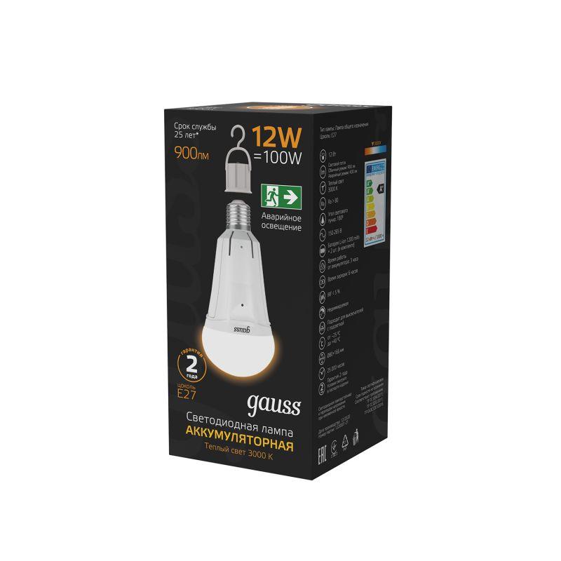 Лампа светодиодная Black 12Вт A80 грушевидная 3000К тепл. бел. E27 900лм авар. аккум. Li-Ion GAUSS 102002112 фото в каталоге от BTSprom.by