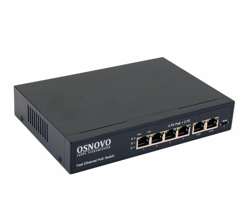 коммутатор poe 6 портов 4 poe порта 10/100 base-t 2х10/100 base-t uplink до 30вт на порт суммарно до 80вт sw-20600(80w) osnovo 1000634495 от BTSprom.by