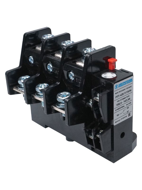 реле электротепловое токовое ртт-426 п ухл4 125а 106.0-143.0а 660в/50гц 1з+1р ручной возврат ip00 электротехник et529230 от BTSprom.by