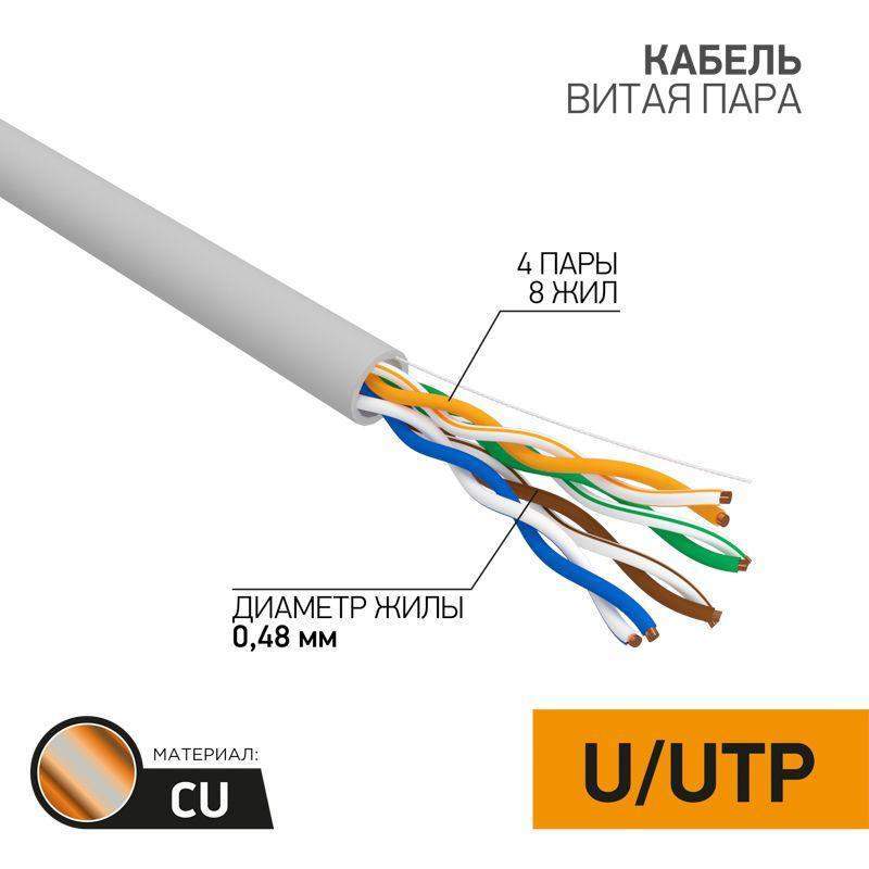 кабель витая пара u/utp кат.5e 4х2х24awg cu медь 100мгц pvc сер. (уп.50м) proconnect 01-0052-50 от BTSprom.by