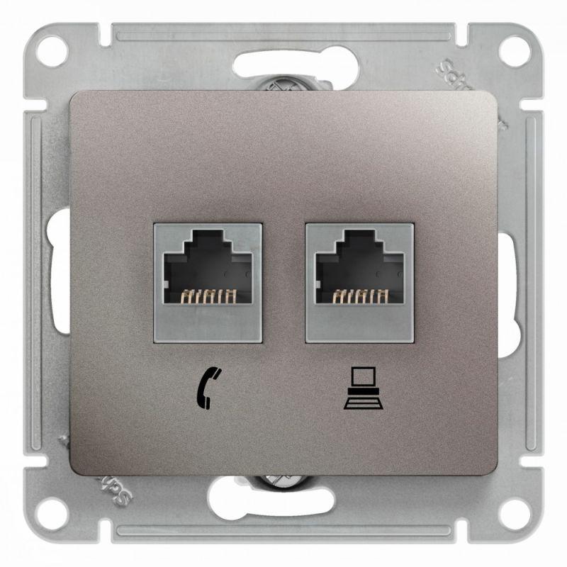 розетка компьютерная + телефонная 2-м glossa rj45 + rj11 кат.5e механизм платина se gsl001285 от BTSprom.by