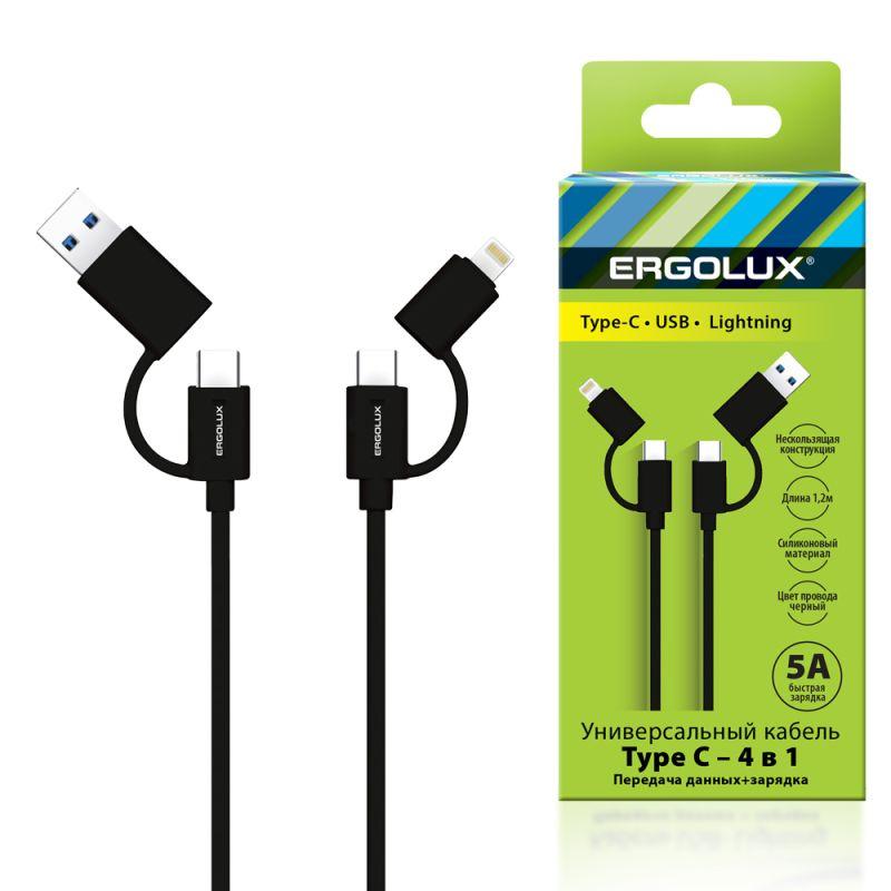 кабель 4 в 1 usb/type c-type c/lightning 5а 60вт 1.2м з+пд коробка черн. ergolux 15248 от BTSprom.by