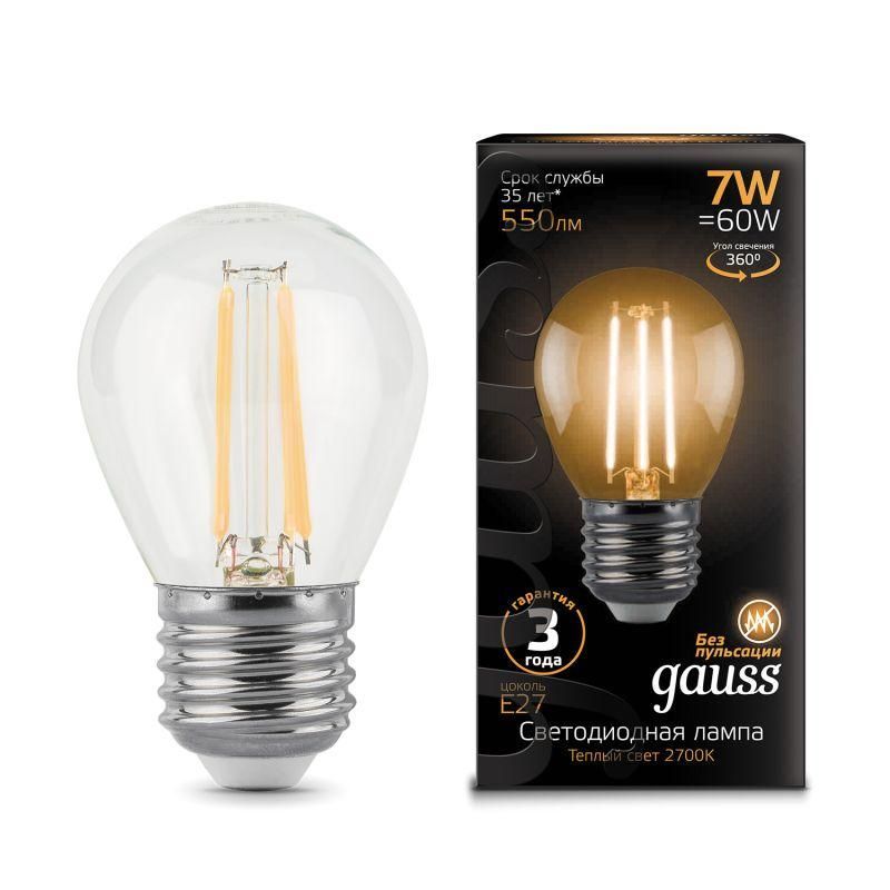 лампа светодиодная филаментная black filament 7вт p45 шар 2700к тепл. бел. e27 550лм gauss 105802107 от BTSprom.by