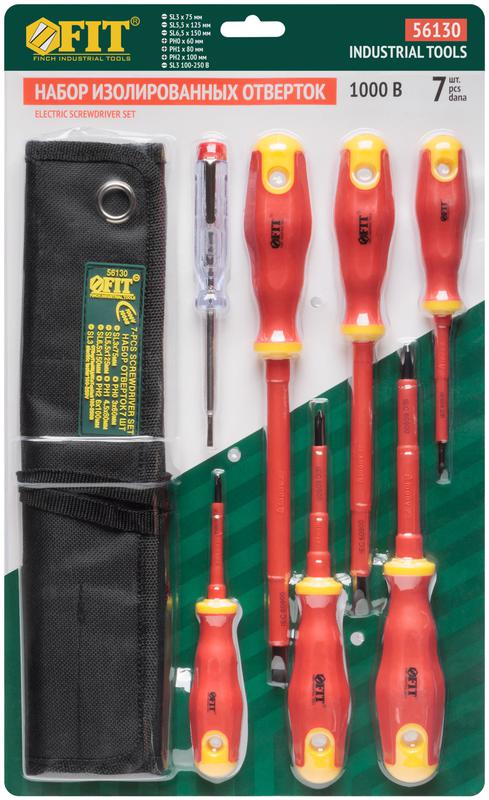  Набор отверток изолированных 1000 В CrV сталь прорезин. ручки в нейлоновом конверте 6шт+ 1 индикаторная FIT 56130 фото в каталоге от BTSprom.by
