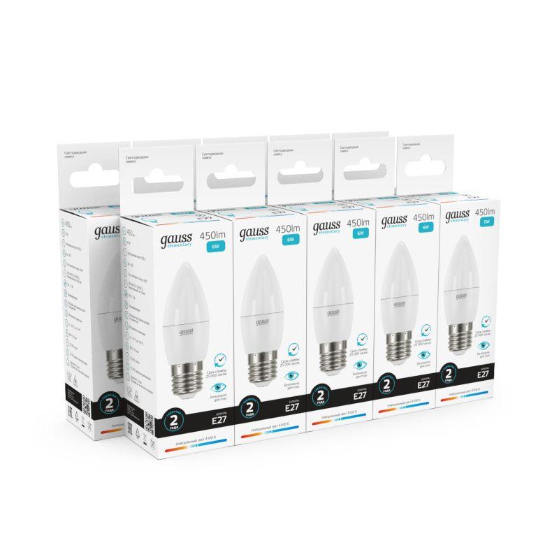 Лампа светодиодная Elementary 6Вт свеча 4100К нейтр. бел. E27 450лм GAUSS 33226 фото в каталоге от BTSprom.by