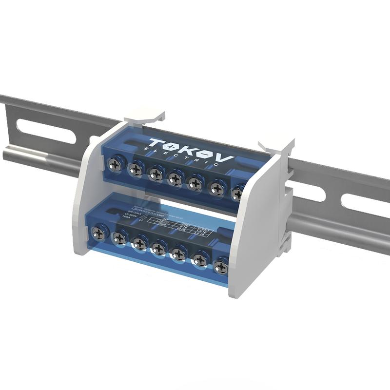 шина на din-рейку в корпусе (кросс-модуль) 2 группы по 7 отверстий 100а tokov electric tke-dbtb-100-2-7/l+pen от BTSprom.by