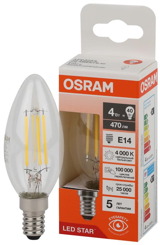 лампа светодиодная филаментная ls clb40 4w/840 230vfilcl 4вт 4000к нейтр. бел. e14 470лм b угол пучка 300град. 220-240в (замена 40вт) прозр. стекло osram 4058075684157 от BTSprom.by