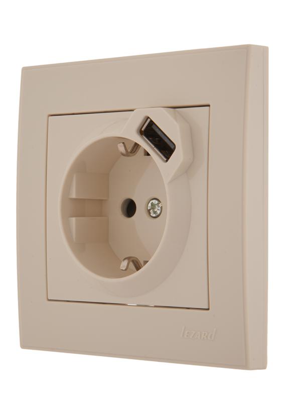  Розетка 1-м СП Rain 16А с заземл. + USB разъем крем. LEZARD 703-0303-181 фото в каталоге от BTSprom.by