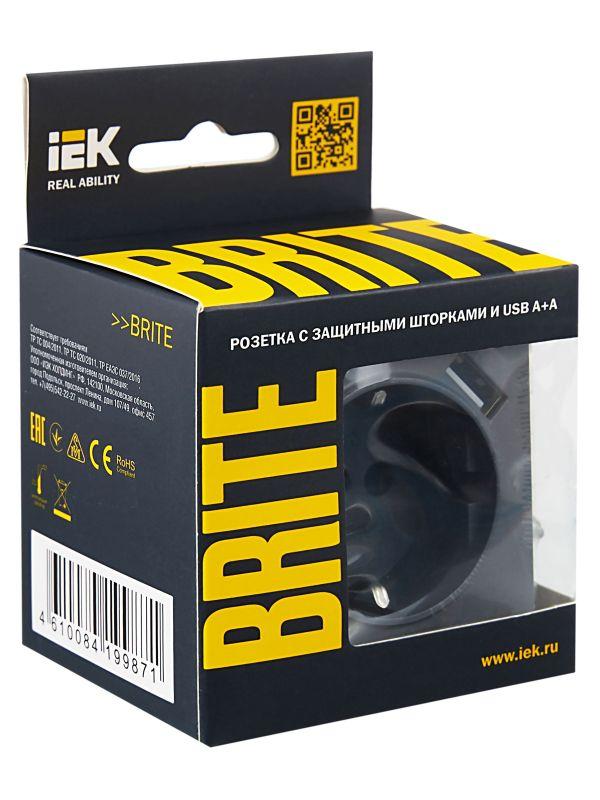  Розетка BRITE РЮш10-1-БрМ 16А с USB A+A 2.1А с заземл. защ. шторки механизм маренго IEK BR-R14-16-U21-D21-K35 фото в каталоге от BTSprom.by