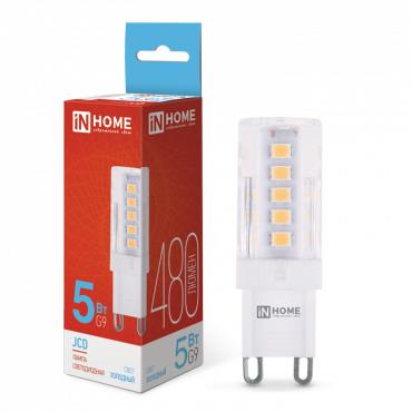 лампа светодиодная led-jcd 5вт капсульная прозрачная 6500к холод. бел. g9 480лм 230в in home 4690612036342 от BTSprom.by