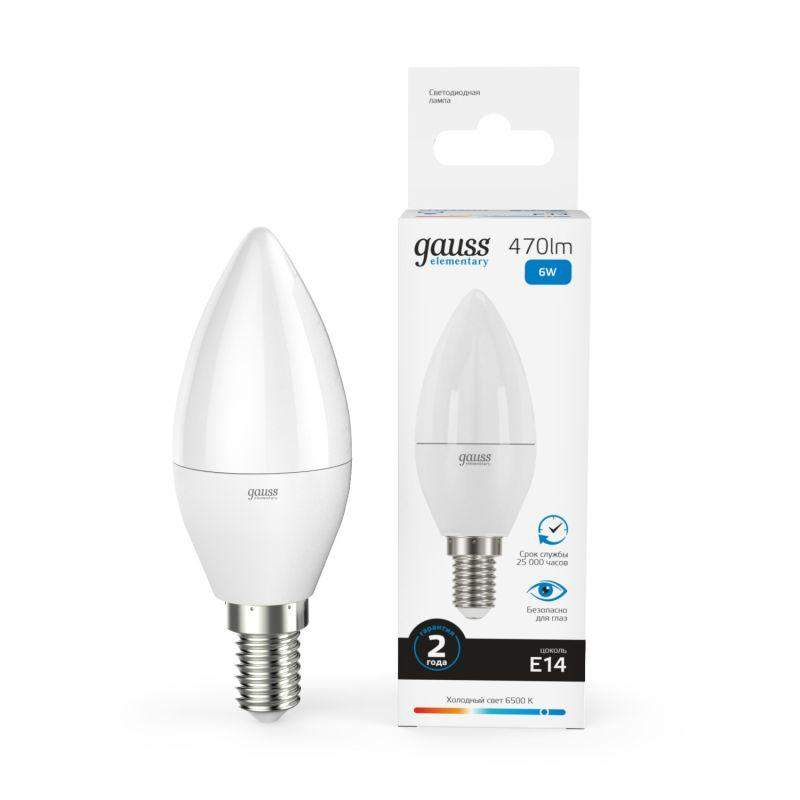 лампа светодиодная elementary 6вт свеча 6500к холод. бел. e14 470лм gauss 33136 от BTSprom.by