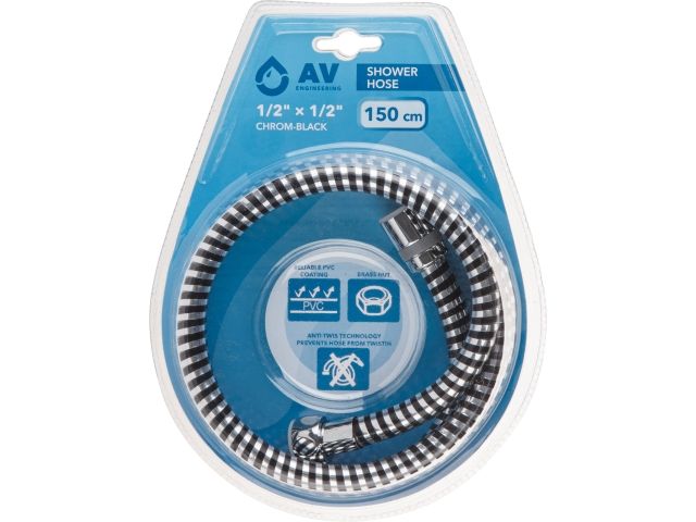 шланг душевой, pvc, 1/2" г-г 150 см, хром-черн., av engineering (гайка латунь, 10 бар) avsss-107 от BTSprom.by