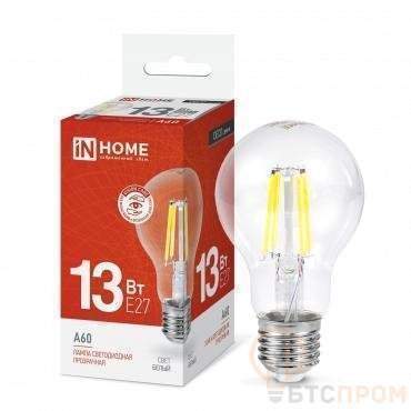 лампа светодиодная led-a60-deco 13вт грушевидная прозрачная 4000к нейтр. бел. e27 1370лм 230в in home 4690612035604 от BTSprom.by