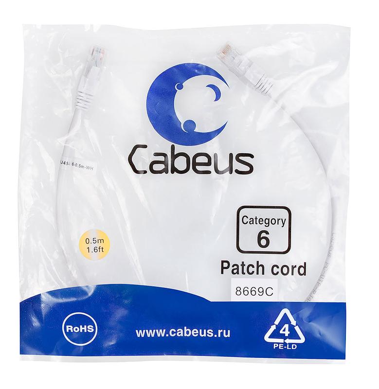 патч-корд кат.6 u/utp неэкранир. 2хrj45/8p8c pvc pc-utp-rj45-cat.6-0.5m-wh 0.5м бел. cabeus 8669c от BTSprom.by