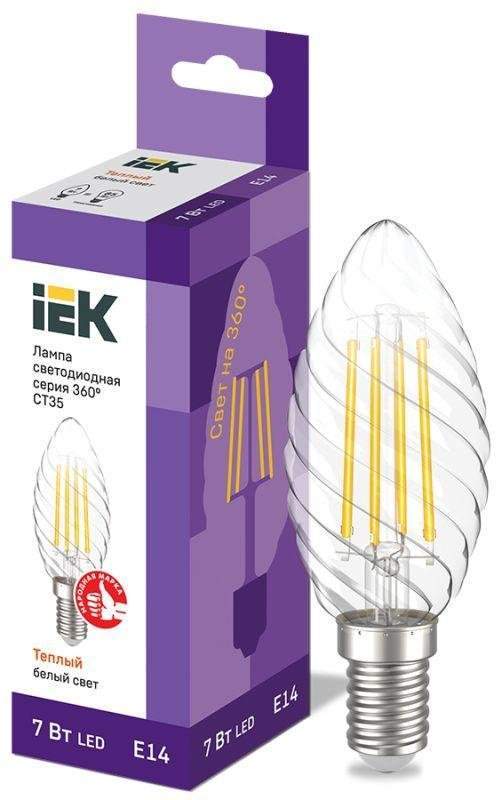 лампа светодиодная филаментная 360° 7вт ct35 свеча витая 3000к e14 230в iek llf-ct35-7-230-30-e14-cl от BTSprom.by