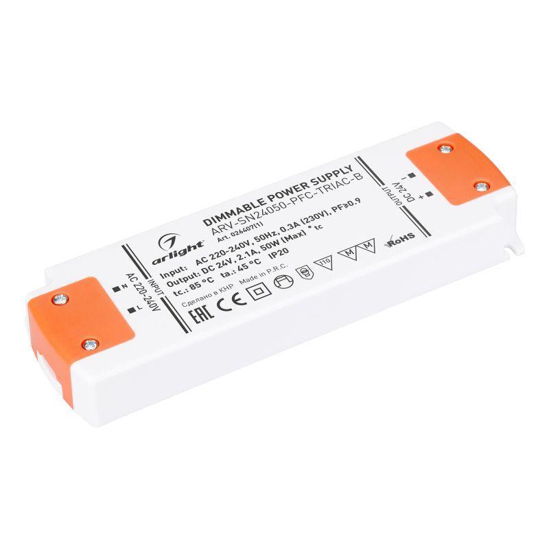 блок питания arv-sn24050-pfc-triac-b 24в 2.1а 50вт ip20 пластик arlight 026407(1) от BTSprom.by