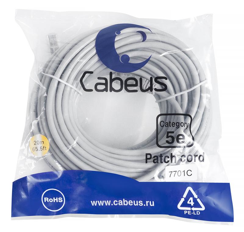 патч-корд u/utp кат.5e pc-utp-rj45-cat.5e-20m 2xrj45/8p8c неэкранир. pvc 20м сер. cabeus 7701c от BTSprom.by