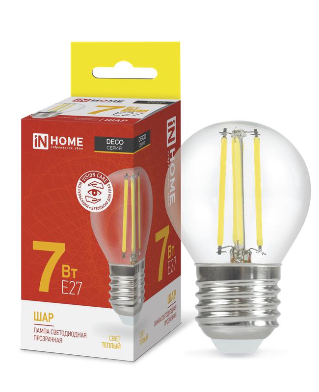лампа светодиодная led-шар-deco 7вт шар прозрачная 3000к тепл. бел. e27 810лм 230в in home 4690612016320 от BTSprom.by