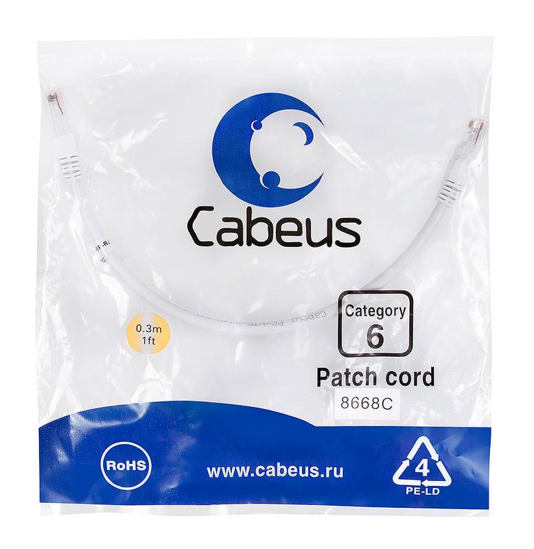 патч-корд кат.6 u/utp неэкранир. 2хrj45/8p8c pvc pc-utp-rj45-cat.6-0.3m-wh 0.3м бел. cabeus 8668c от BTSprom.by