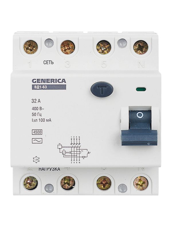  Выключатель дифференциального тока (УЗО) 4п 32А 100мА тип AC ВД1-63 GENERICA MDV15-4-032-100 фото в каталоге от BTSprom.by
