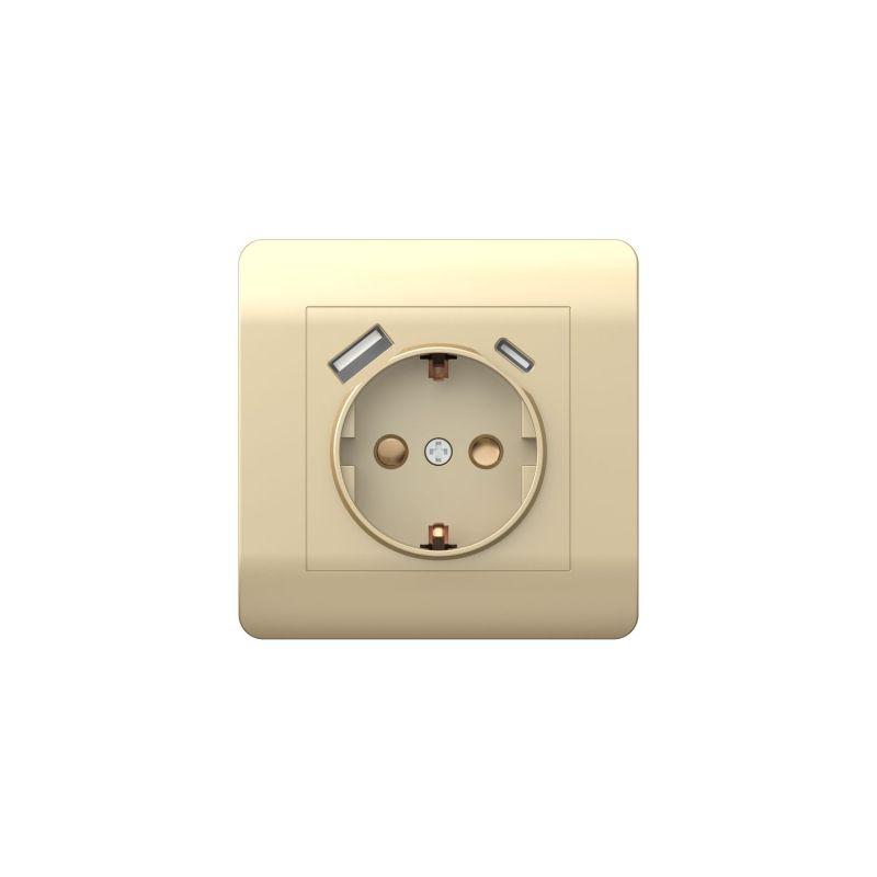 розетка new3-e 16а с заземл. защ. шторки с 2-мя заряд. устройствами usb a+c 5в/2.1а шампань chint 431453 от BTSprom.by