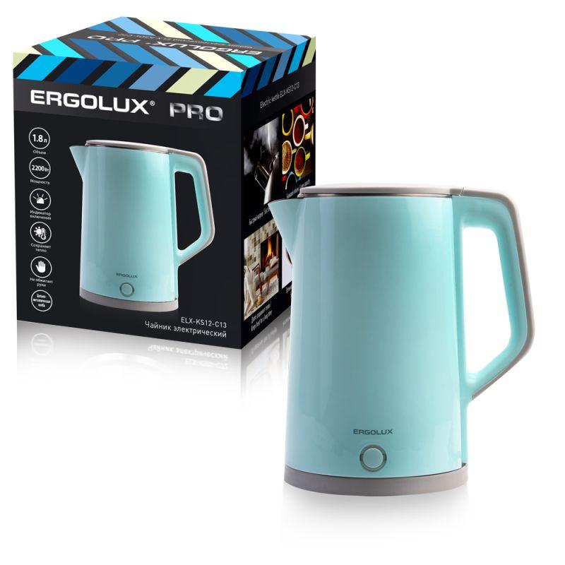 чайник электрический elx-ks12-c13 pro нерж. сталь/пластик 1.8л 220-240в 2200вт голуб. ergolux 15330 от BTSprom.by