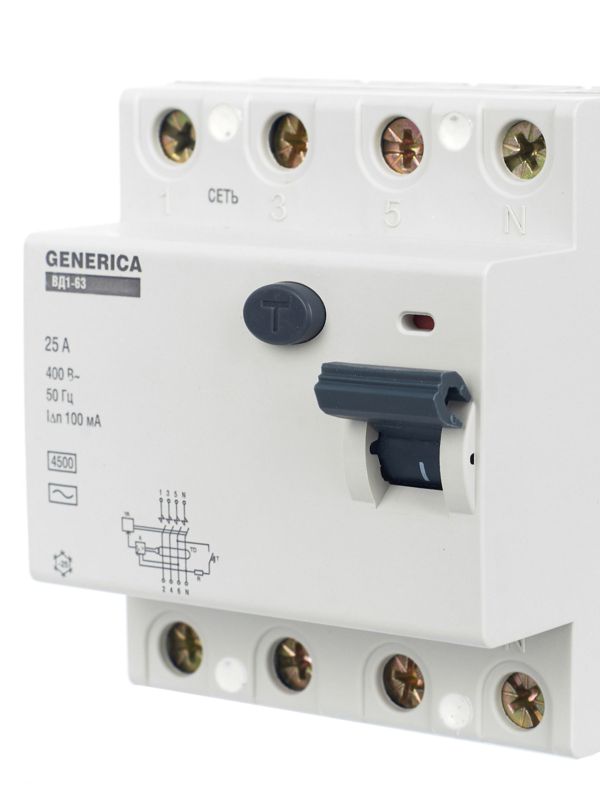  Выключатель дифференциального тока (УЗО) 4п 25А 100мА тип AC ВД1-63 GENERICA MDV15-4-025-100 фото в каталоге от BTSprom.by