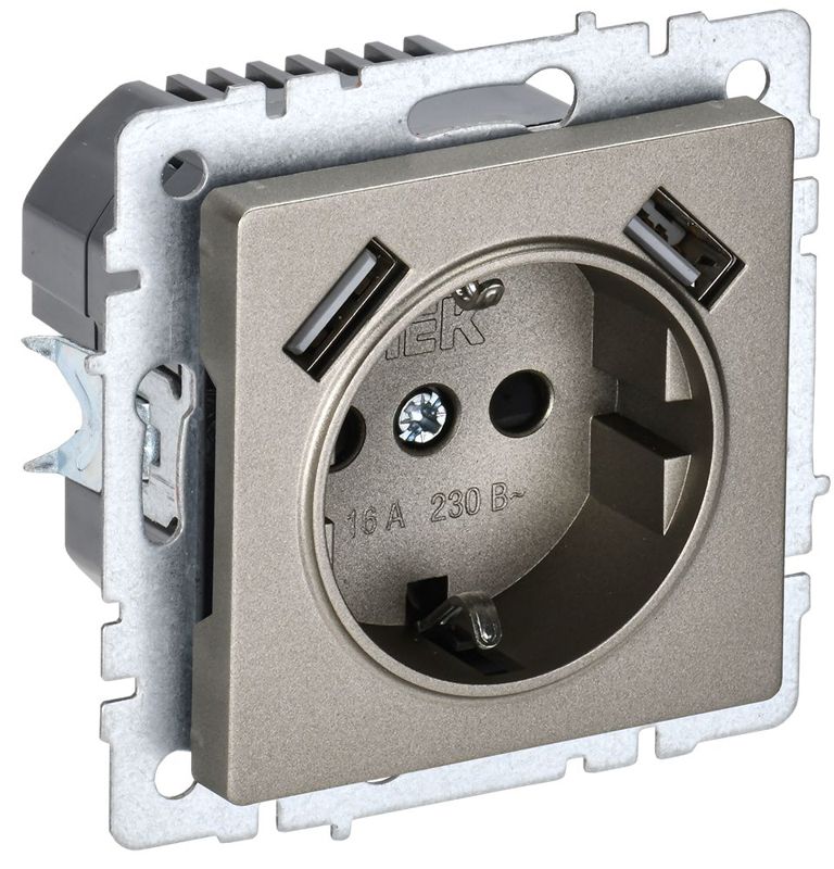 розетка brite рюш10-1-брш 16а с usb a+a 2.1а с заземл. защ. шторки механизм шампань iek br-r14-16-u21-d21-k37 от BTSprom.by